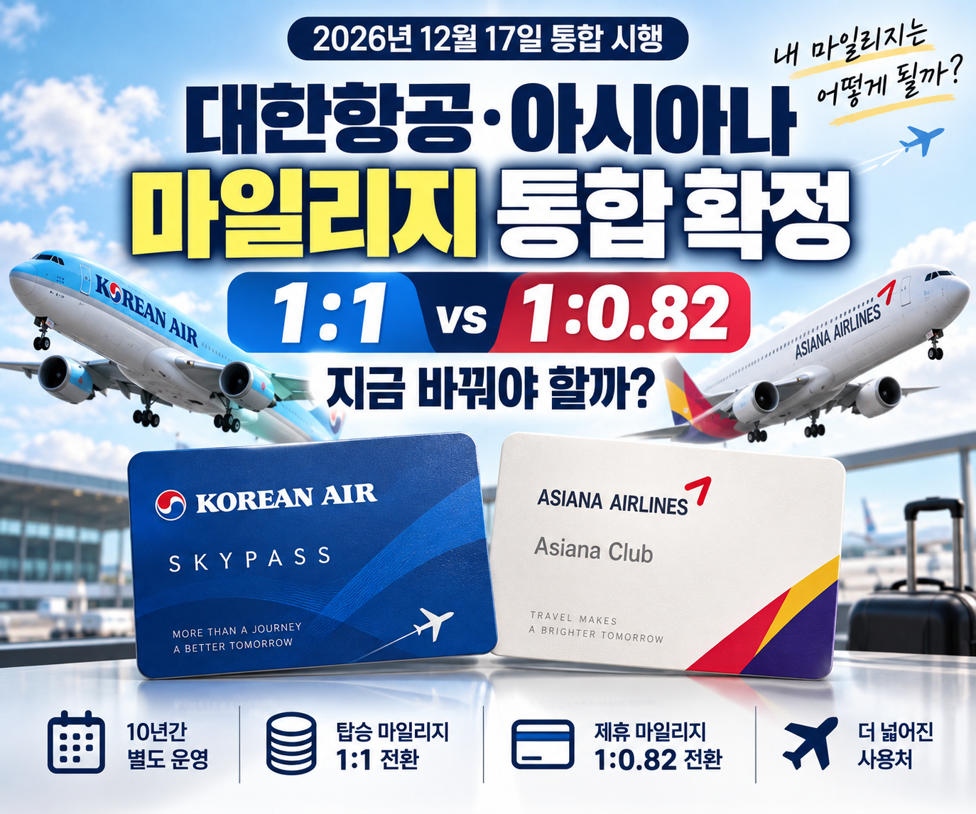 2026 대한항공 아시아나항공 마일리지 통합 1대1 및 1대0.82 전환비율 안내