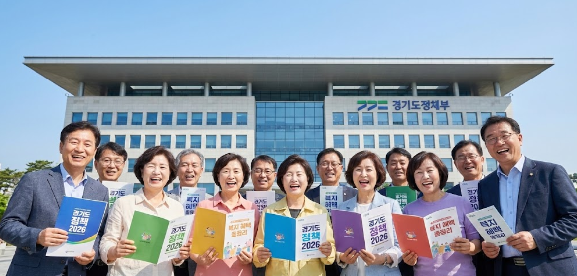 경기도청 전경과 함께 정책 홍보 팜플렛을 들고 밝게 웃는 경기도민들