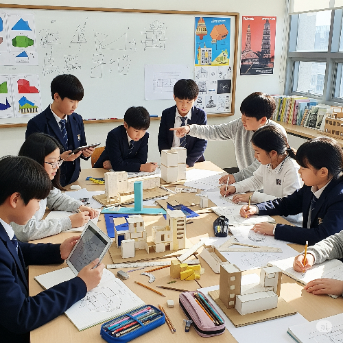 중1학생들의 자유학기제 활동 중 수학과 건축 융합 프로젝트를 하고 있다