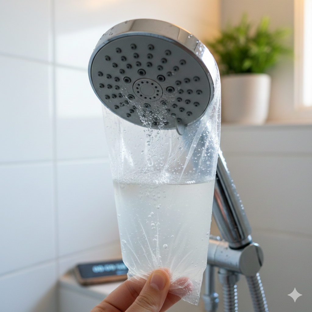 밝고 현대적인 욕실을 배경으로 샤워기 헤드 하단이 식초와 따뜻한 물이 담긴 투명한 지퍼백에 푹 잠겨 있는 실용적인 세척 장면이에요. 지퍼백 내부에는 미세한 기포가 형성되어 석회질이 녹아내리는 화학적 반응이 시각적으로 잘 표현되어 있으며, 한 손으로 지퍼백의 아래쪽을 가볍게 잡고 있는 모습이 담겨 있어요. 배경에는 욕실 선반 위의 작은 초록색 화분과 타이머가 설정된 스마트폰이 놓여 있어 10분이라는 구체적인 세척 시간을 직관적으로 떠올리게 하는 고해상도 실사 이미지에요.