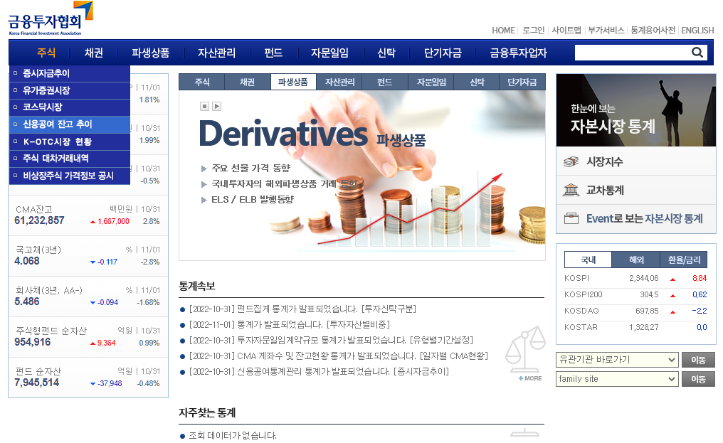 금융투자협회 종합통계사이트 신용공여 잔고 추이