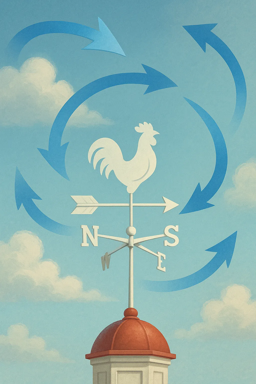 하늘-아래-풍향계를-중심으로-바람의-방향이-여러-방향으로-바뀌는-모습을-표현한-기상-현상-일러스트