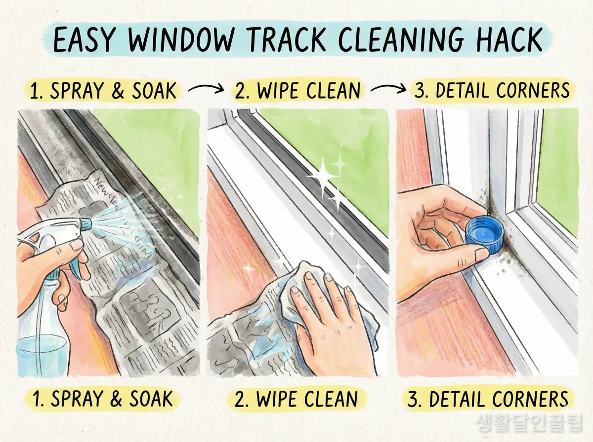 창틀 청소 3단계 과정(물 뿌리기, 닦아내기, 모서리 긁기)을 보여주는 단계별 일러스트