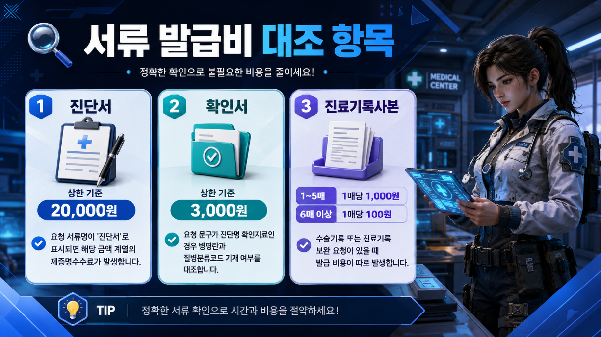 진단서, 확인서, 진료기록사본의 발급비 기준과 대조 항목을 정리한 16:9 인포그래픽