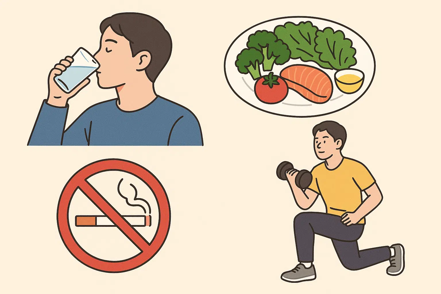 물 한 컵을 마시는 사람, 저염·채소 위주의 식단, 운동하는 인물, 금연