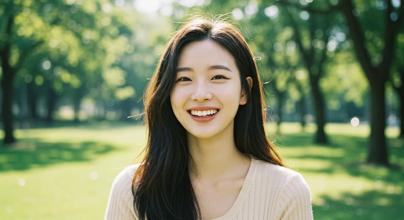 야외에서 환하게 웃고있는 여성 이미지