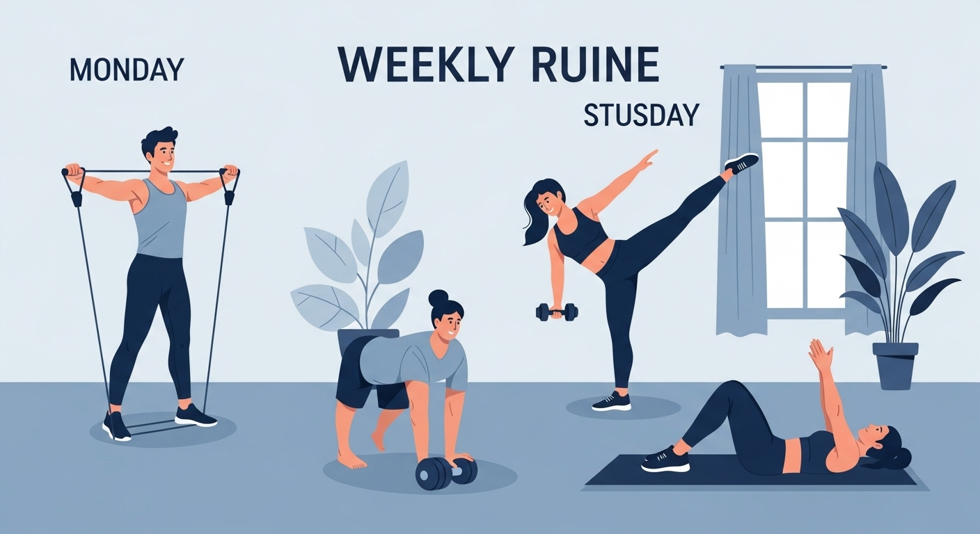 주 3회 상체, 하체, 코어 운동으로 구성된 집 근력 운동 루틴을 다양하게 보여주는 일러스트.