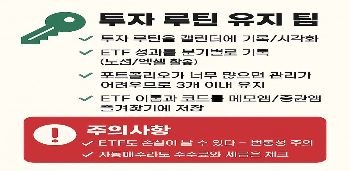 ETF 투자 루틴을 유지하기 위한 팁과 자동매수 시 주의사항을 안내하는 인포그래픽