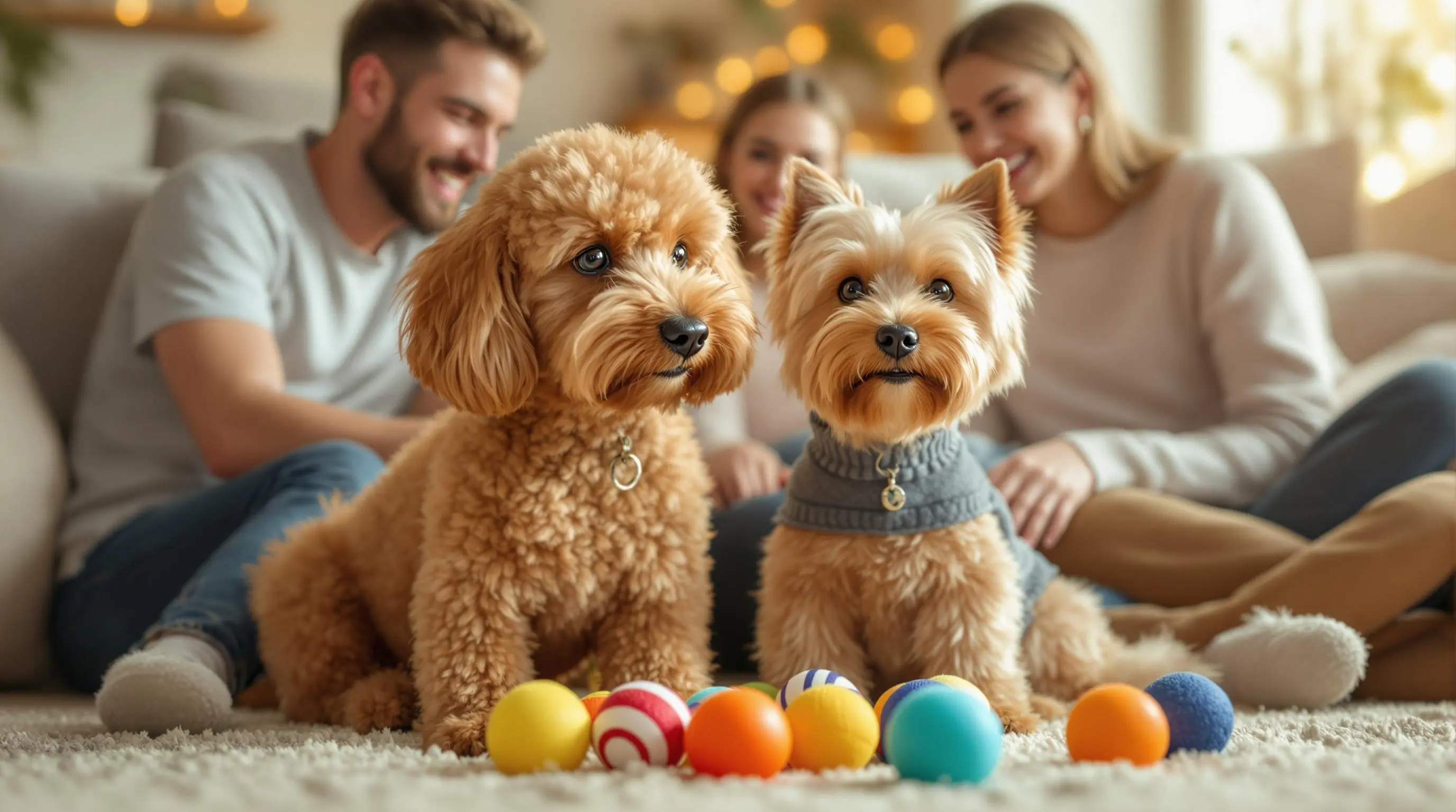 가족이 지켜보는 가운데 거실에서 장난감을 가지고 놀고 있는 푸들과 요크셔테리어의 모습