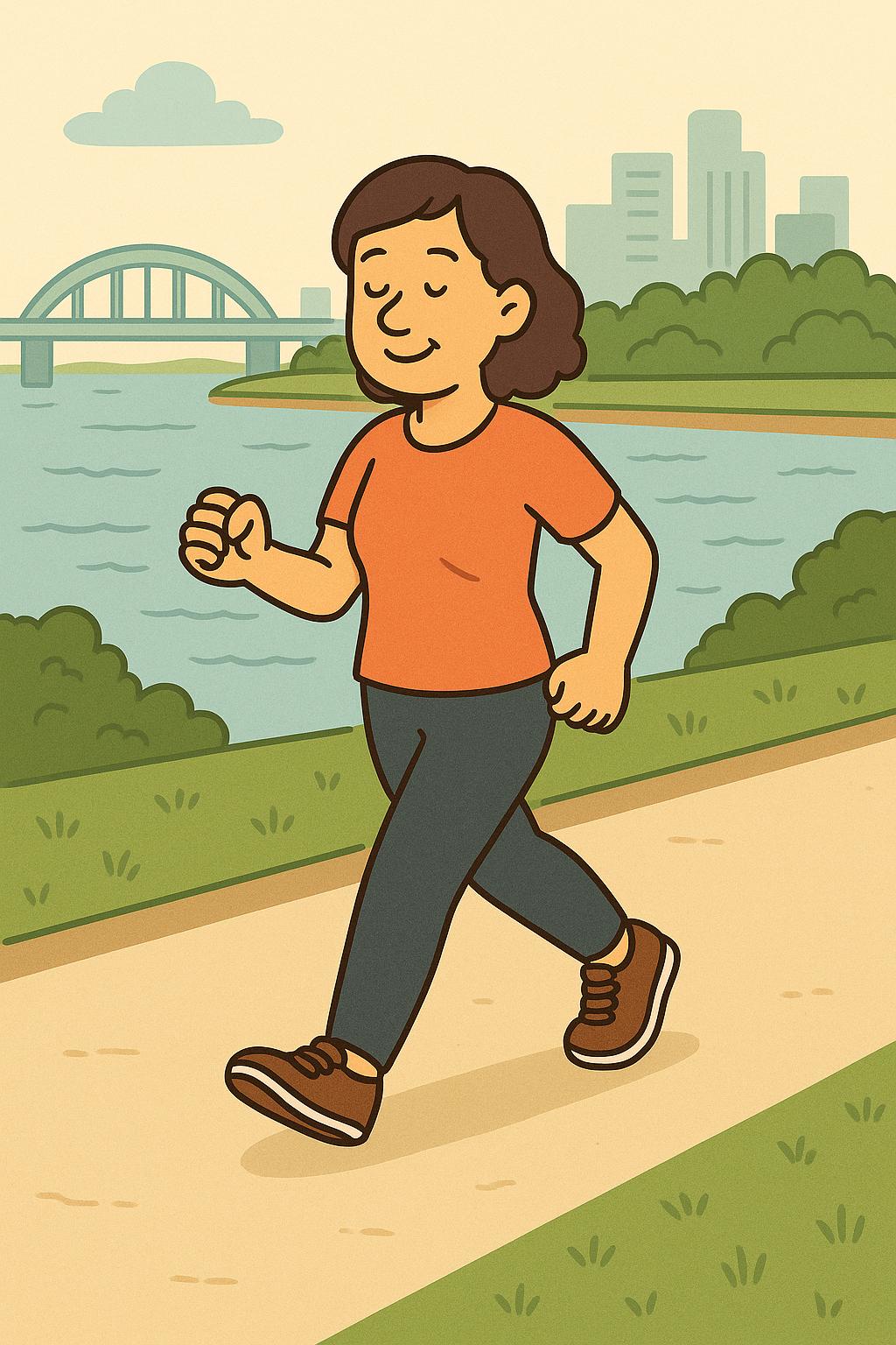 갱년기의 중년 여성이 강변 산책로에서 걷기를 실천하며 이겨내는 모습 만화체 그림