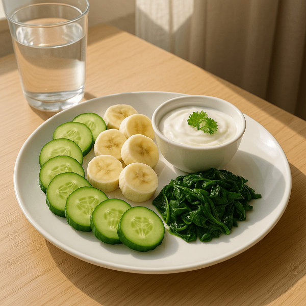 오이와 바나나 등 붓기 빼는 음식이
접시에 담긴 상차림