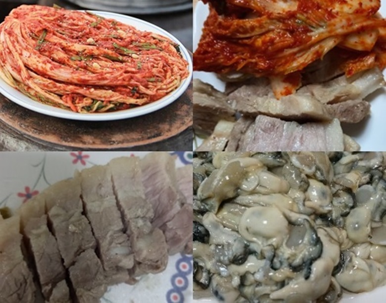장독대위 접시에 담김 김장김치, 돼지고기를 삶은 수육과 굴 사진