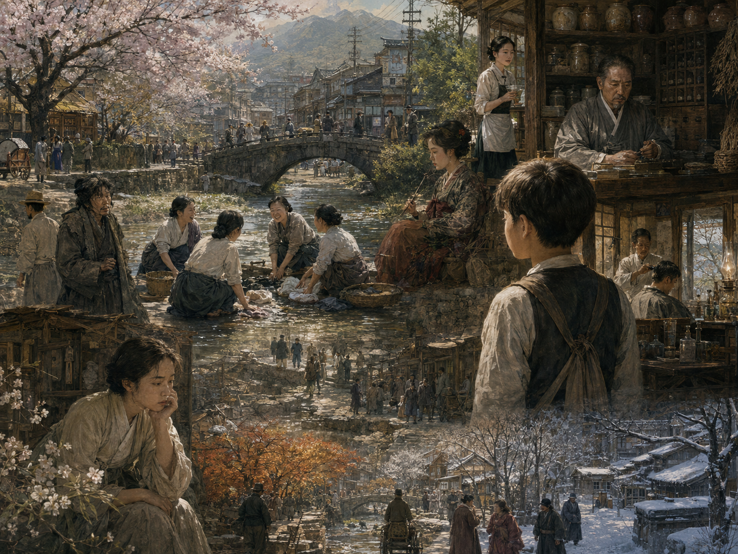 천변풍경 요약: 청계천 빨래터의 아낙들, 한약국과 이발소의 풍경, 관찰자 소년 재봉이와 계절의 변화가 옴니버스 형태로 어우러진 1930년대 서울 청계천변 파노라마 일러스트