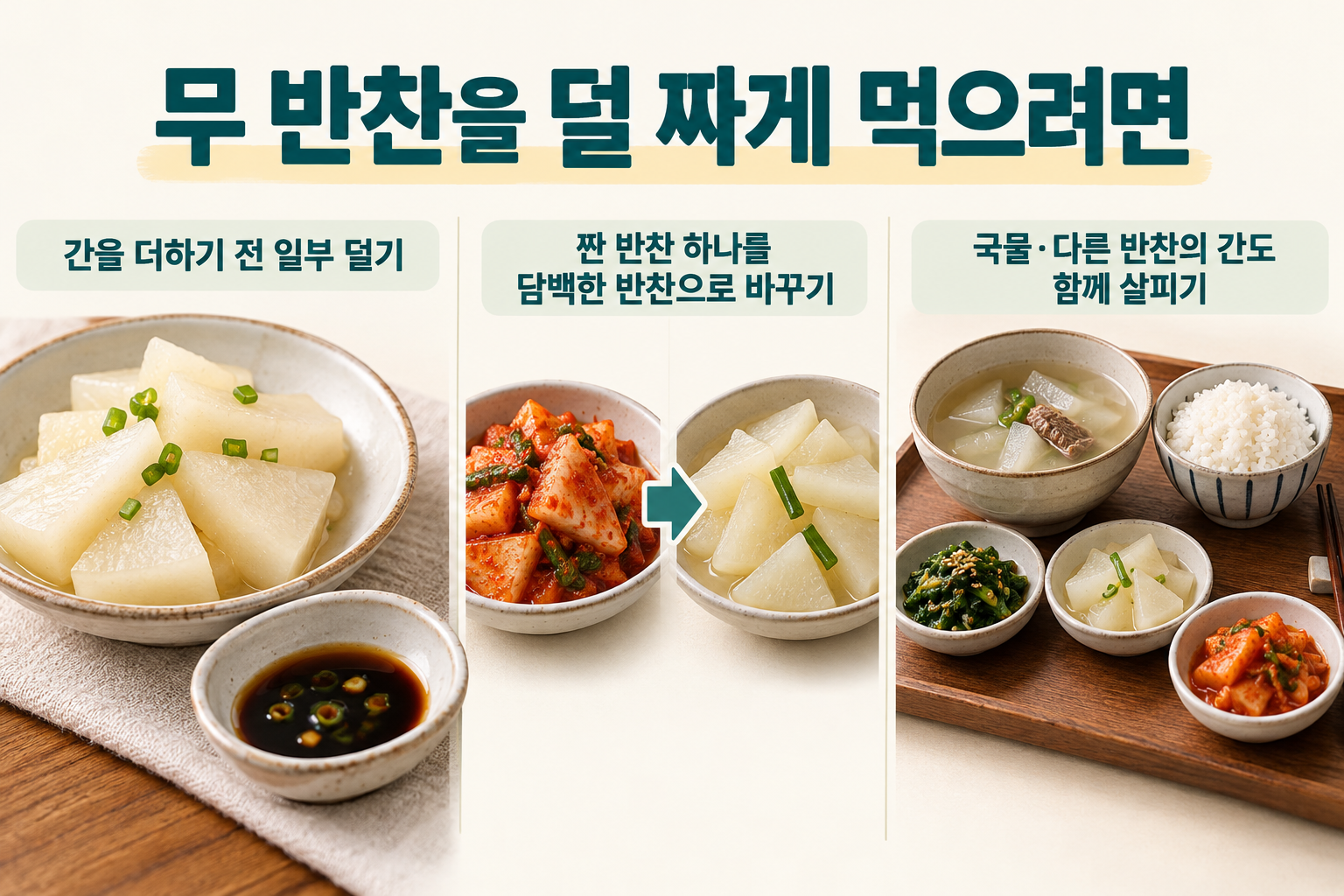 양념 분리, 짠 반찬 바꾸기, 국물과 반찬의 간 살피기를 보여주는 세 가지 식사 조절 예