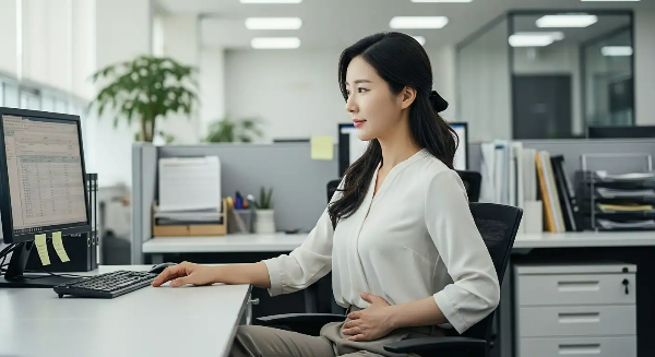 직장에서 컴퓨터 모니터를 보고 있고, 한 손은 배를 마사지 하고 있는 여성 모습