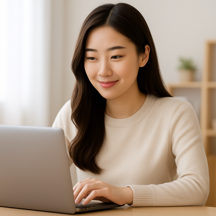 노트북으로 라이나생명 보험금 청구 방법을 확인 중인 여성