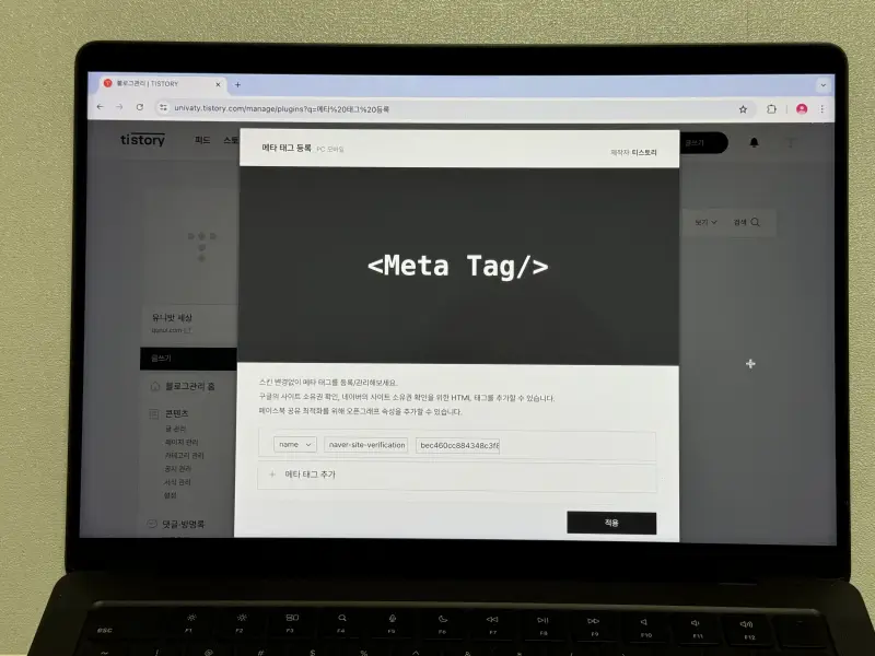 티스토리 플러그인 메타 태그 등록 적용 버튼 강조 화면 사진