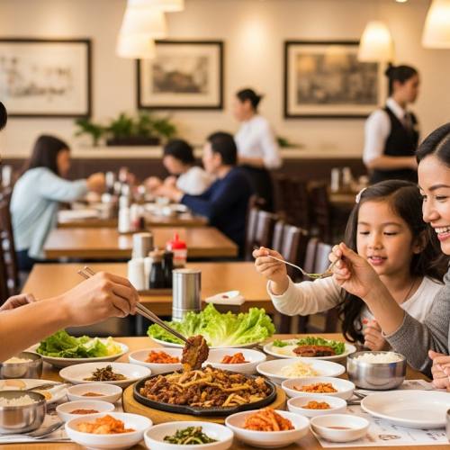 패밀리 레스토랑에서 식사하는 가족 사진