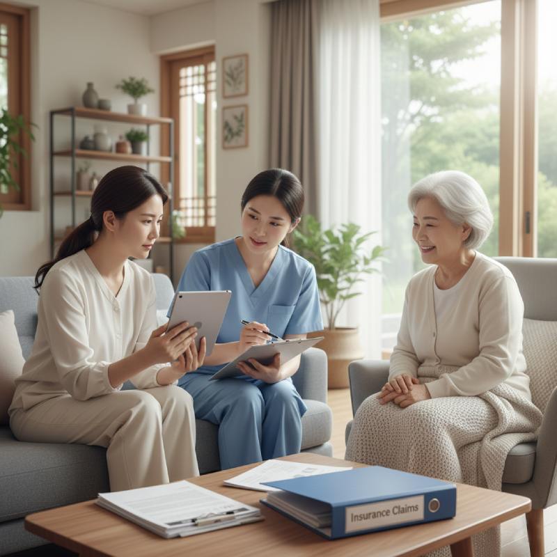 치매 간병 보험 가입 조건 상담을 받는 노인과 보호자, 건강 고지와 기왕증 관련 내용을 설명하는 장면