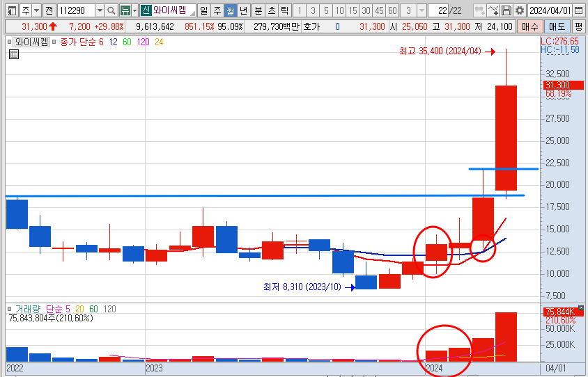 와이씨켐 주가 월봉 차트 분석