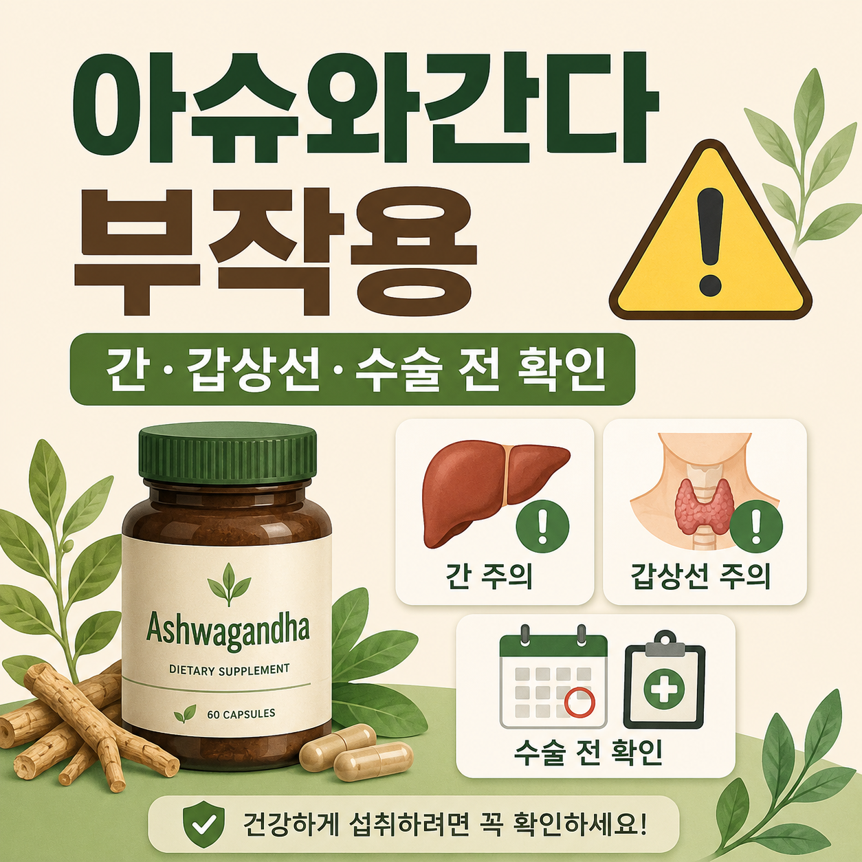 아슈와간다 복용 전 졸림과 위장 불편, 간 이상, 갑상선약, 수술 일정과 복용약을 확인하는 카드형 이미지