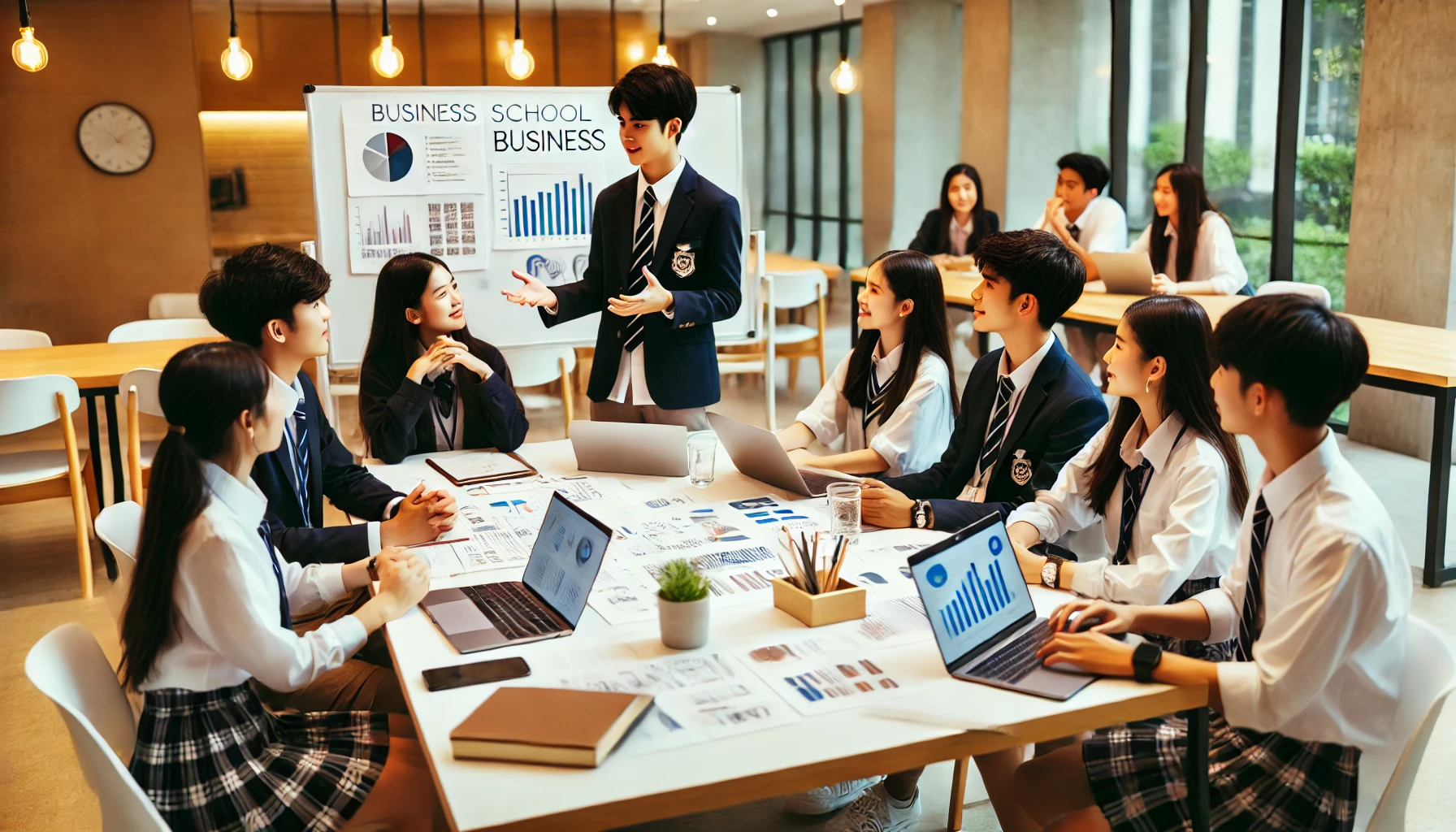 모의 비즈니스 활동에 참여 중인 동아시아 고등학생들의 협업 장면을 생동감 있게 담아낸 모습