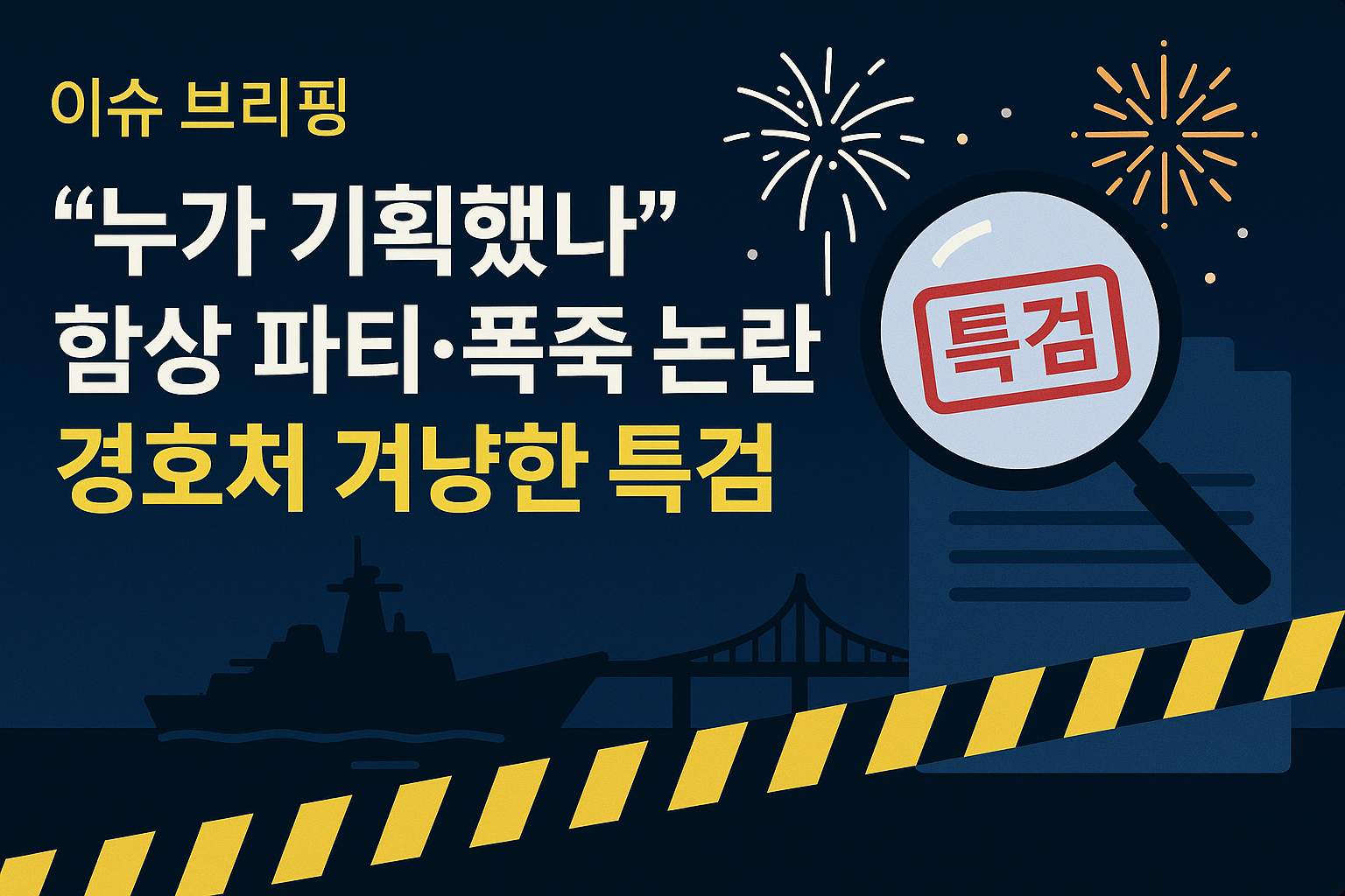 짙은 남청색 배경 위에 군함 실루엣과 다리, 폭죽, ‘특검’ 도장이 찍힌 서류에 돋보기가 겹쳐진 평면 일러스트. 좌측에는 ‘누가 기획했나 함상 파티·폭죽 논란, 경호처 겨냥한 특검’이라는 굵은 한글 제목이 배치된 한국어 뉴스용 썸네일.