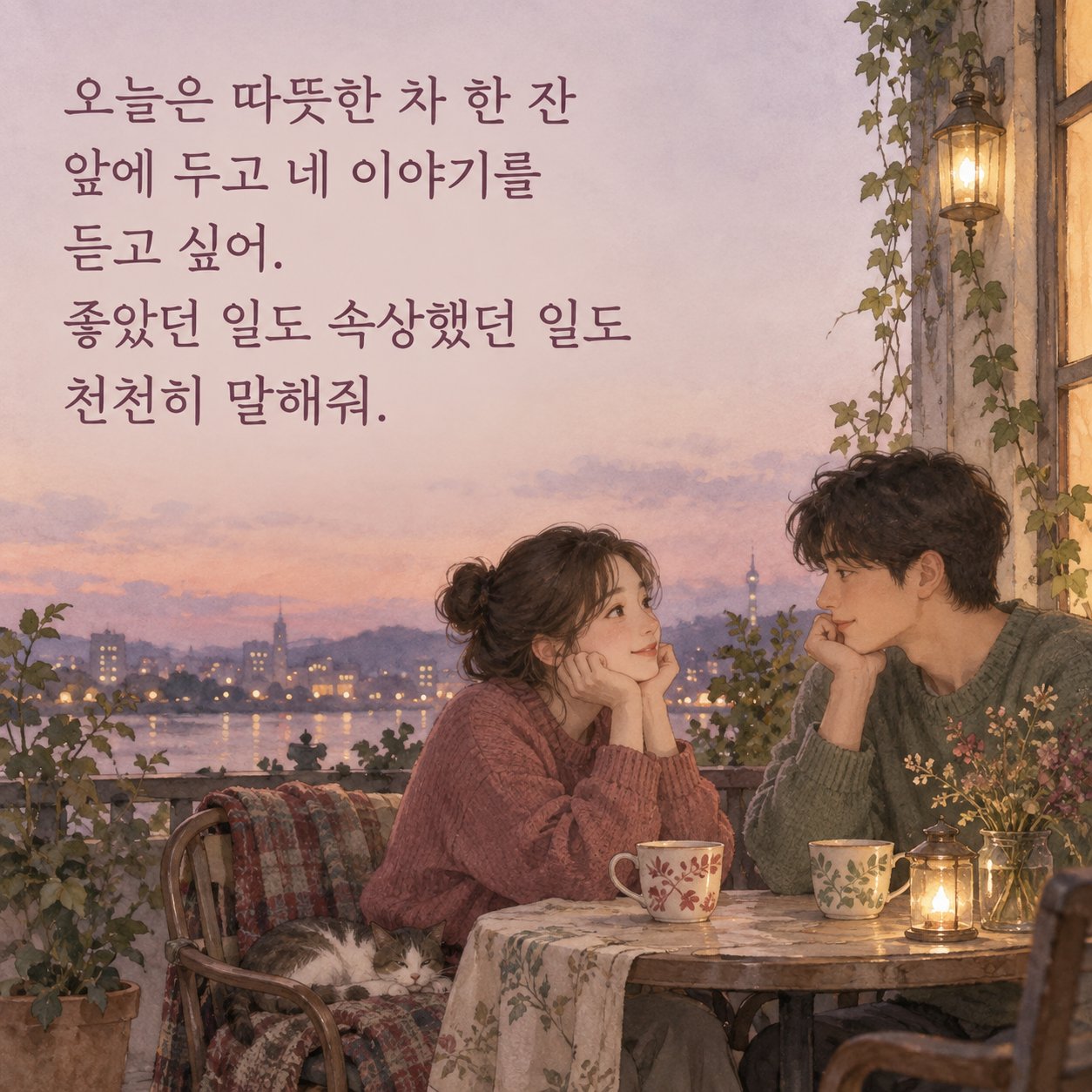 연인에게 보내는 저녁 인사 이미지 28 — 오늘은 따뜻한 차 한 잔 앞에 두고 네 이야기를 듣고 싶어. 좋았던 일도 속상했던 일도 천천히 말해줘.
