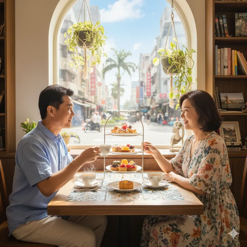 10월의 가오슝 덥고 습한 날씨 관광중 시원한 카페에서 차와 디저트를 즐기는 50대의 부부