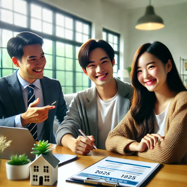 2025년 주택담보대출 한도 확대 상담을 받는 한국인 부부, 규제 완화 지원 정책 컨셉
