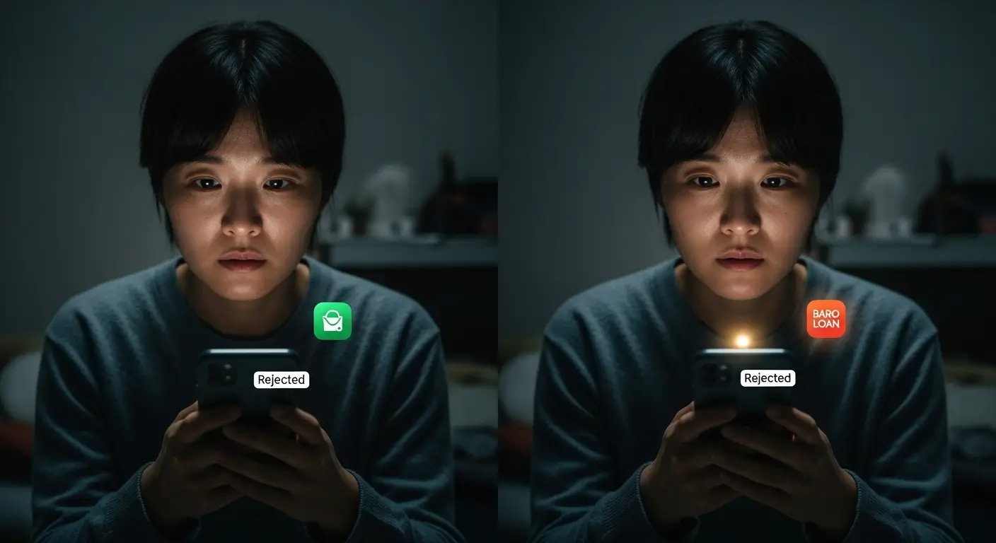 어두운 방 안에서 스마트폰을 보며, 마지막 희망인 바로바로론 대출을 발견하는 한국인 사용자