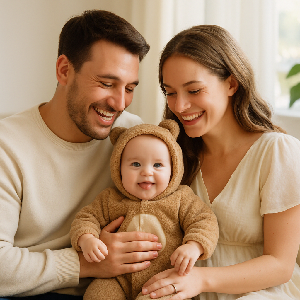 아이와 함께 즐거워하는 부부 이미지