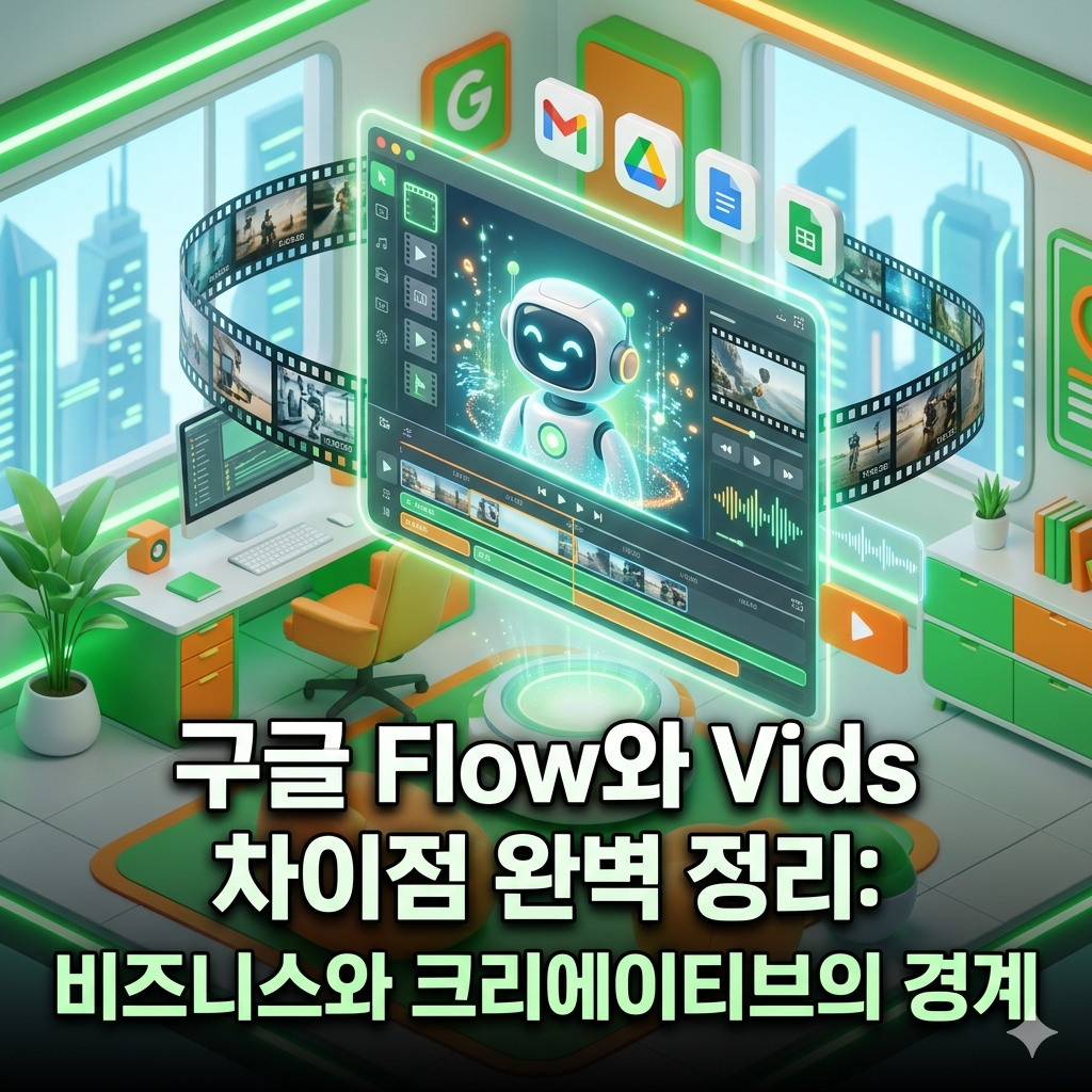 미소 짓는 로봇 AI 아바타가 비디오 편집 홀로그램 인터페이스의 중앙에 표시되어 있고, Google Workspace 아이콘들과 시네마틱 필름 스트립이 주변을 휘감고 있는 최첨단 미래형 디지털 작업 공간의 세련된 3D 아이소메트릭 일러스트레이션. 이미지 하단에는 한국어 텍스트 '구글 Flow와 Vids 차이점 완벽 정리: 비즈니스와 크리에이티브의 경계'가 선명하게 표시되어 있습니다.