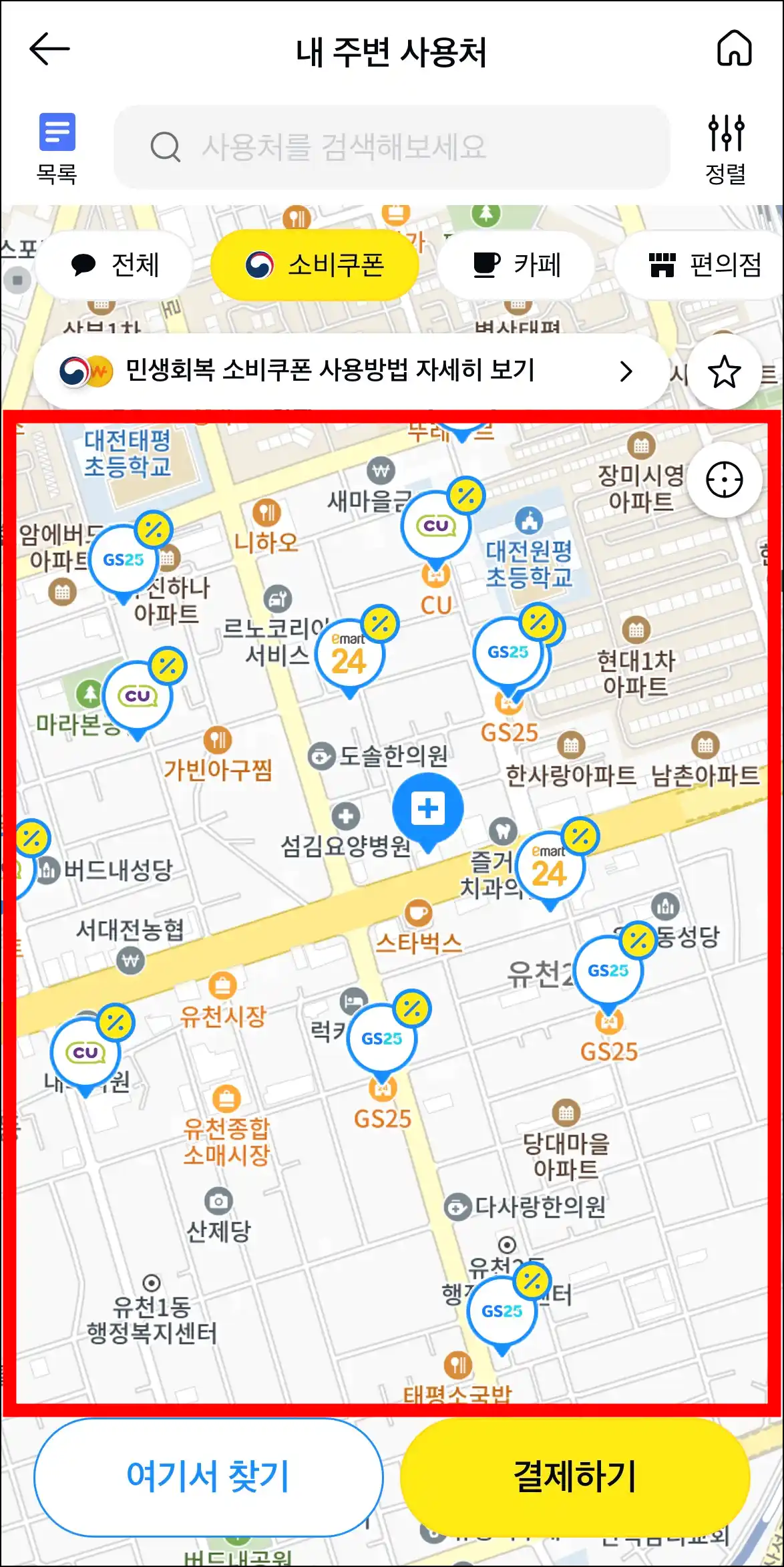 지도에 조회된 소비쿠폰 사용처를 확인