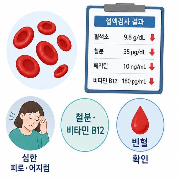위축성 위염에서 철분과 비타민 B12 부족으로 빈혈 증상이 나타날 수 있음을 설명한 이미지