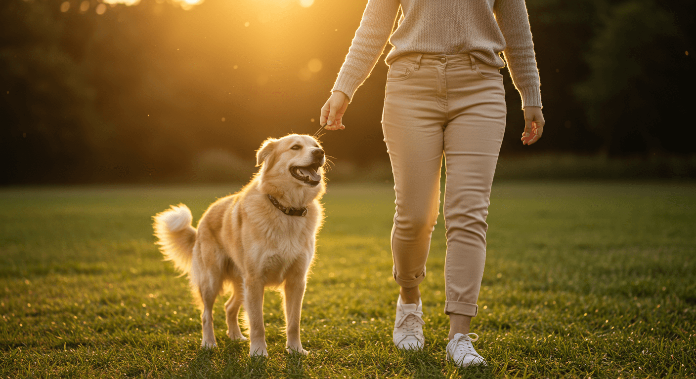 happy owner and healthy dog enjoying outdoor activities together