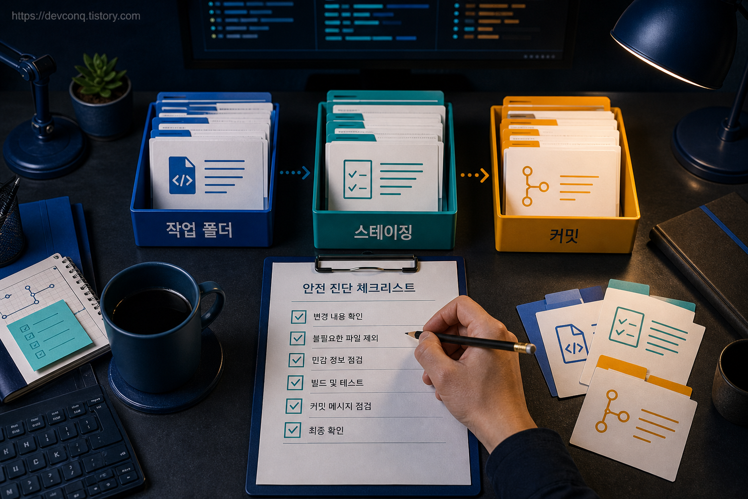작업 폴더·스테이징·커밋 상태를 차례로 확인하는 Git 진단 과정