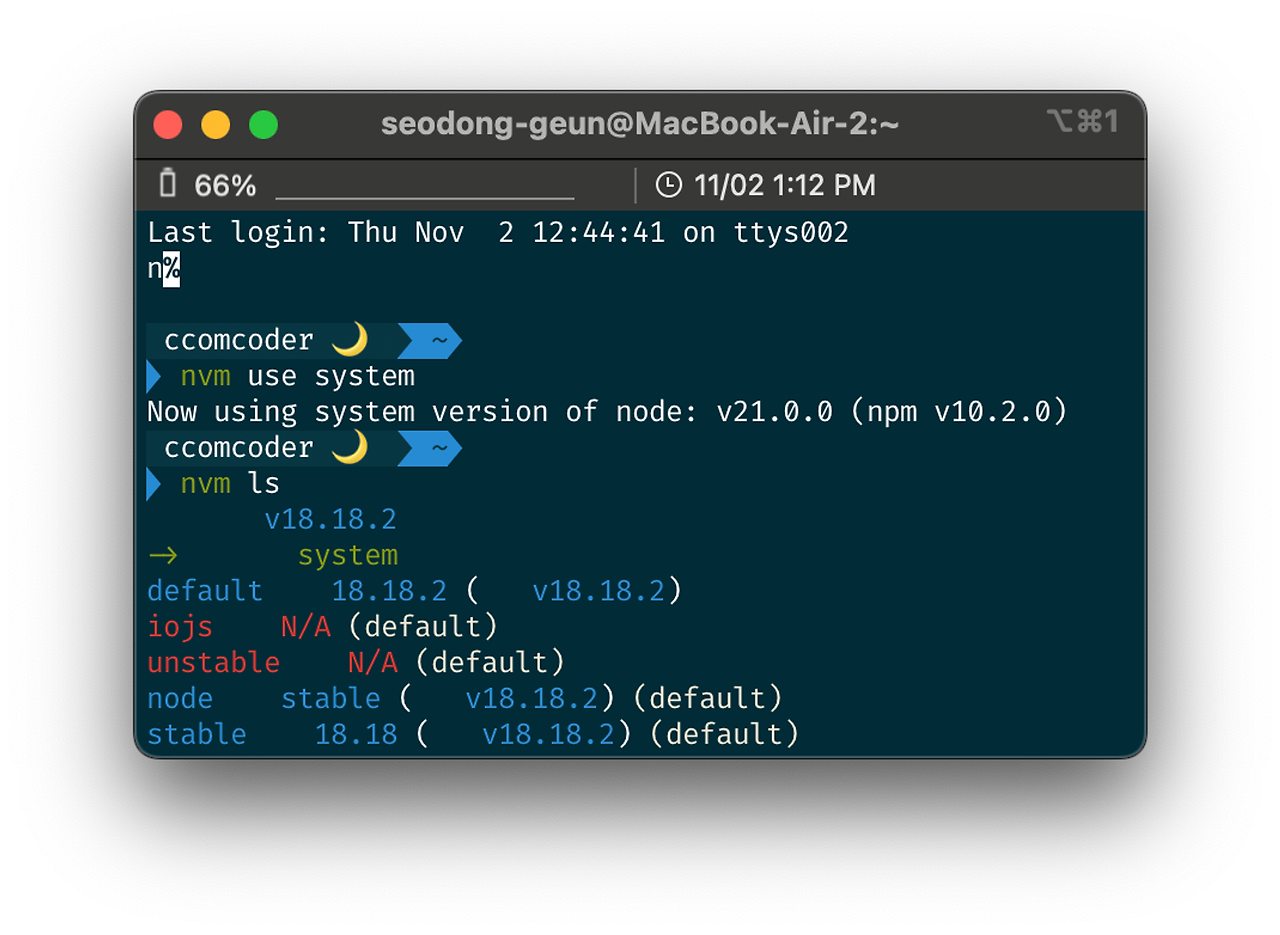 nvm use system 명령어 실행 후 시스템 Node.js 버전으로 변경된 화면