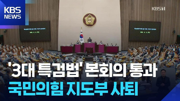 '3대 특검법'이 본회의 통과후 국힘 지도부 사퇴 문구 사진