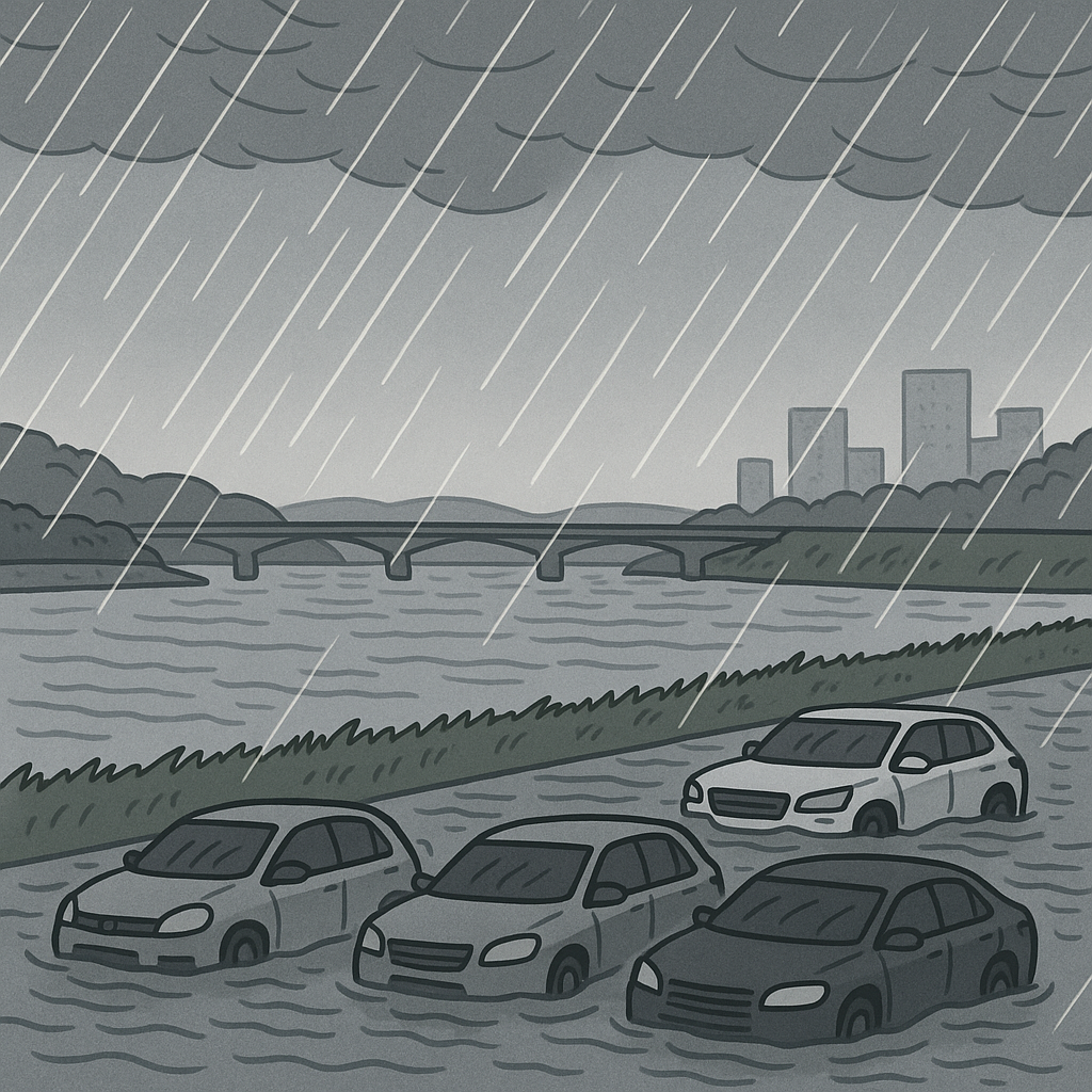 침수된 도로에 진입 금지 경고