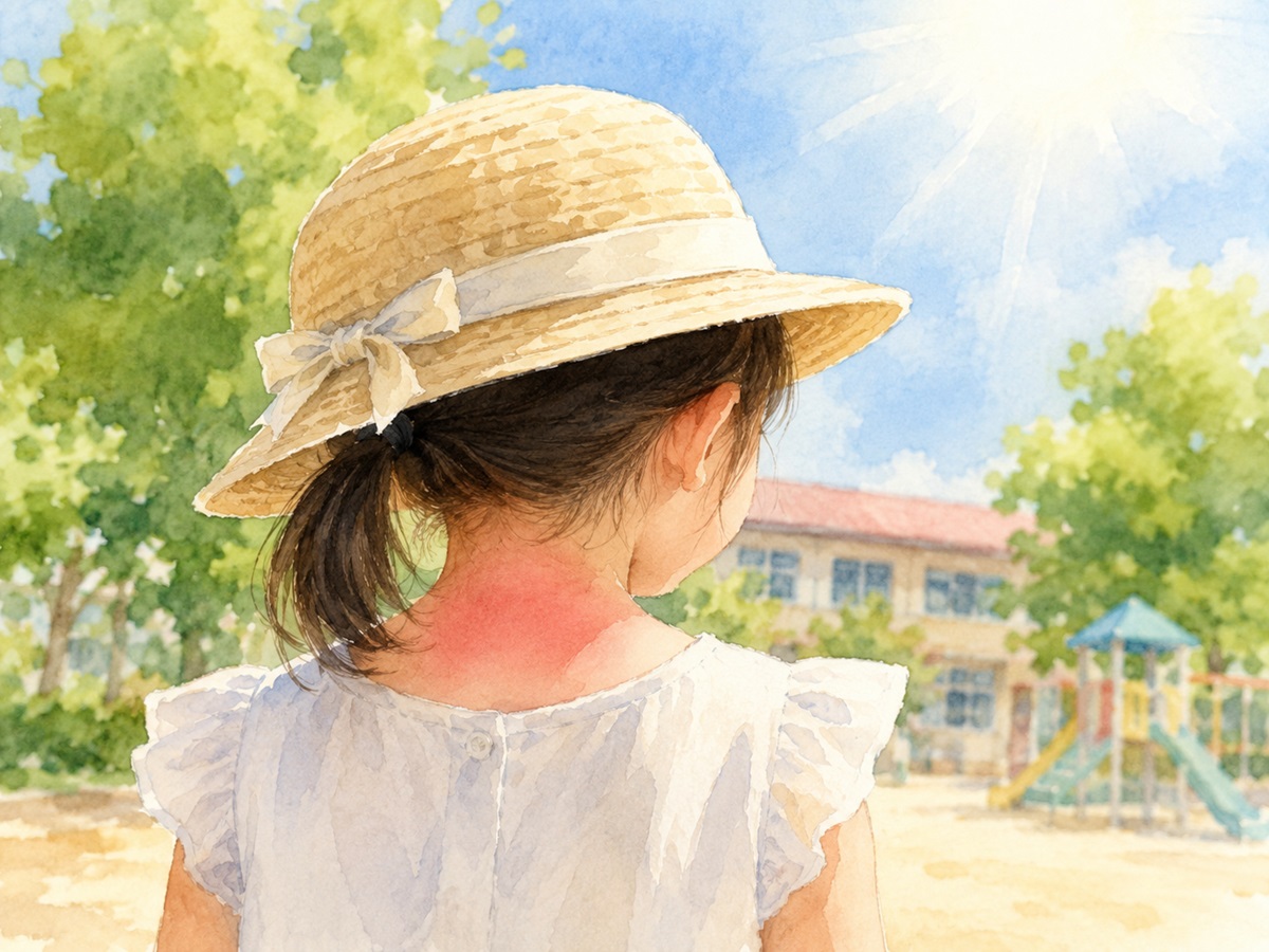 야외활동 중 햇볕에 노출된 아이의 목을 표현한 유아 햇빛화상 일러스트