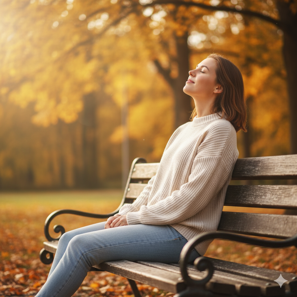 공원 벤치에 앉아 눈을 감고 부드러운 미소를 지으며 깊게 숨을 들이쉬는, 평화로워 보이는 20대 여성 모델.