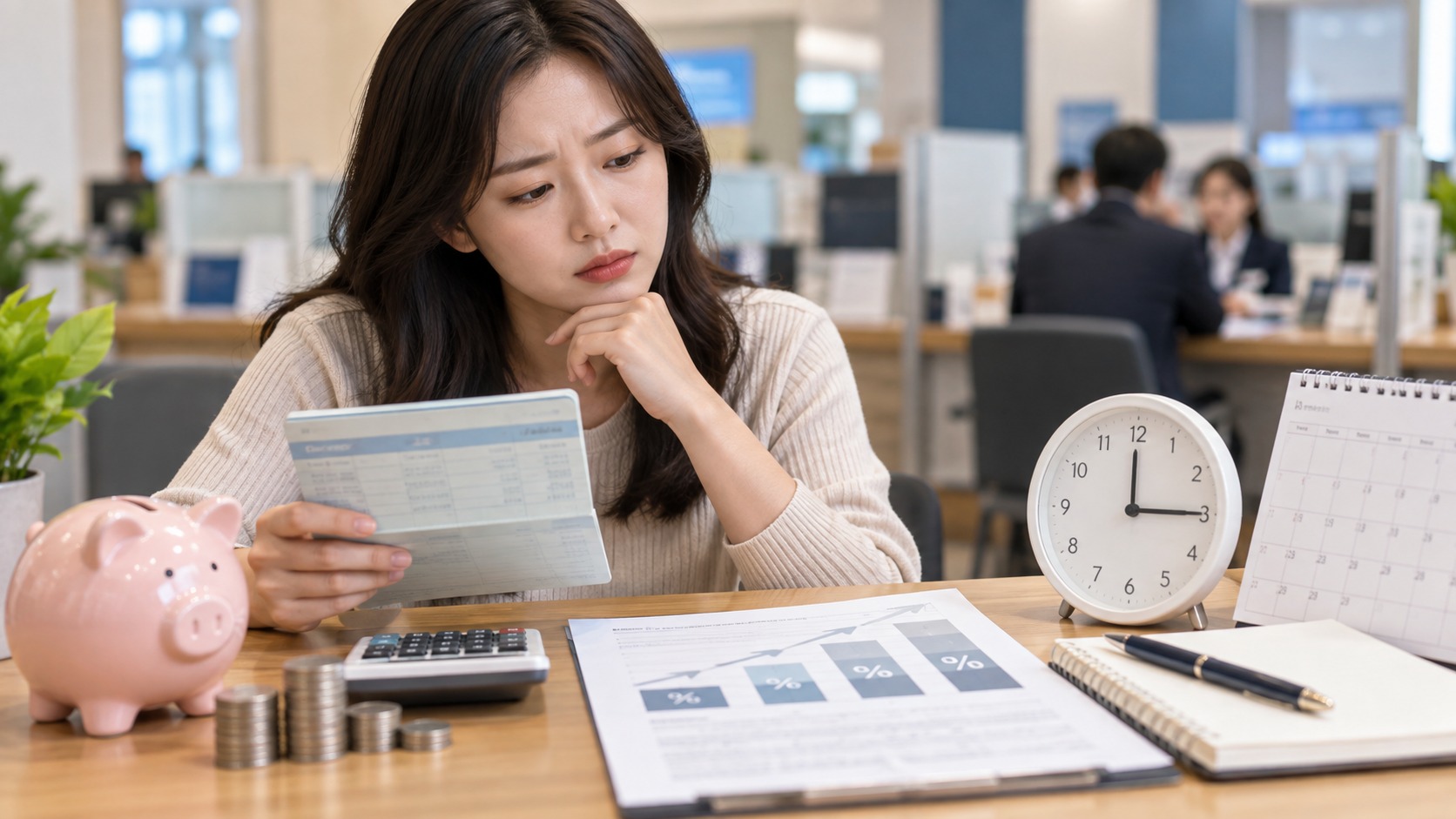 예금 금리 조정 시차를 확인하며 통장과 금융 서류를 살펴보는 사람