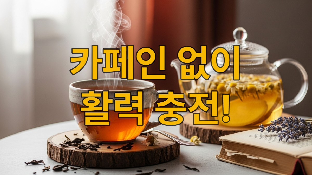 따뜻하고 아늑한 공간에서 다양한 허브와 전통차가 담긴 찻잔과 유리 티포트가 편안함을 선사하는 모습, 카페인 없이 피로를 회복하는 건강한 티타임을 상징.