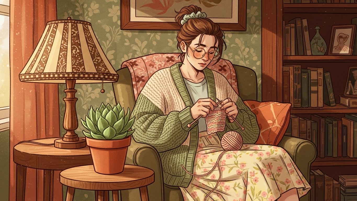 니트 가디건을 입고 식물을 돌보는 MZ세대. 할머니 시대 트렌드를 나타내는 편안하고 아늑한 모습.