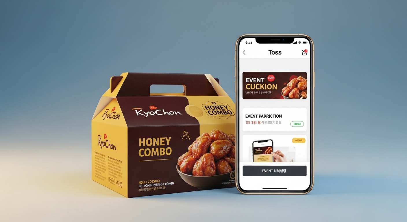 토스 앱 화면과 교촌 허니콤보 치킨이 함께 있는 모습. 스마트폰에는 토스 앱 이벤트 배너가 보이며, 치킨은 먹음직스럽게 놓여있습니다. 앱테크를 통한 할인 혜택을 강조합니다.