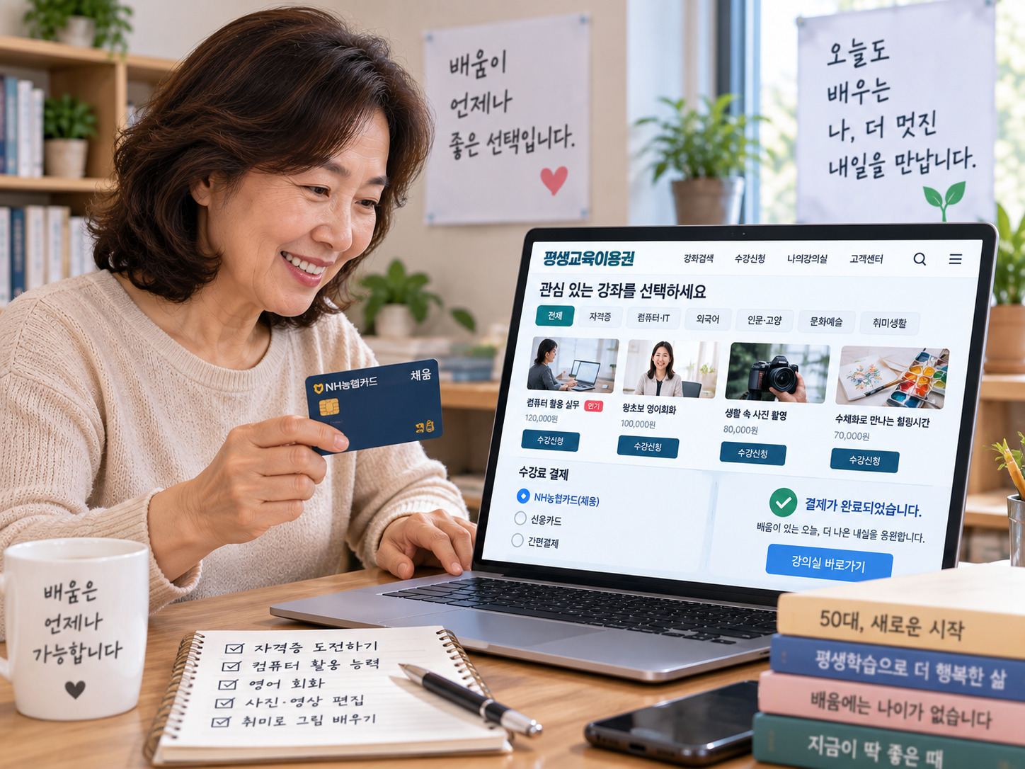평생교육 강좌를 선택하고 카드로 수강료를 결제하는 중장년 학습자