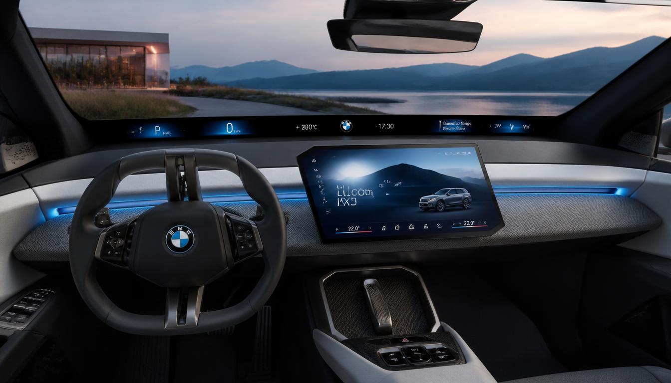Futuristic interior perspective of the BMW iX3 showing Panoramic Vision HUD projected along the bottom windshield.