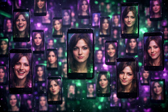 수많은 스마트폰 화면에 출력된 딥페이크 얼굴과 디지털 노이즈 현상