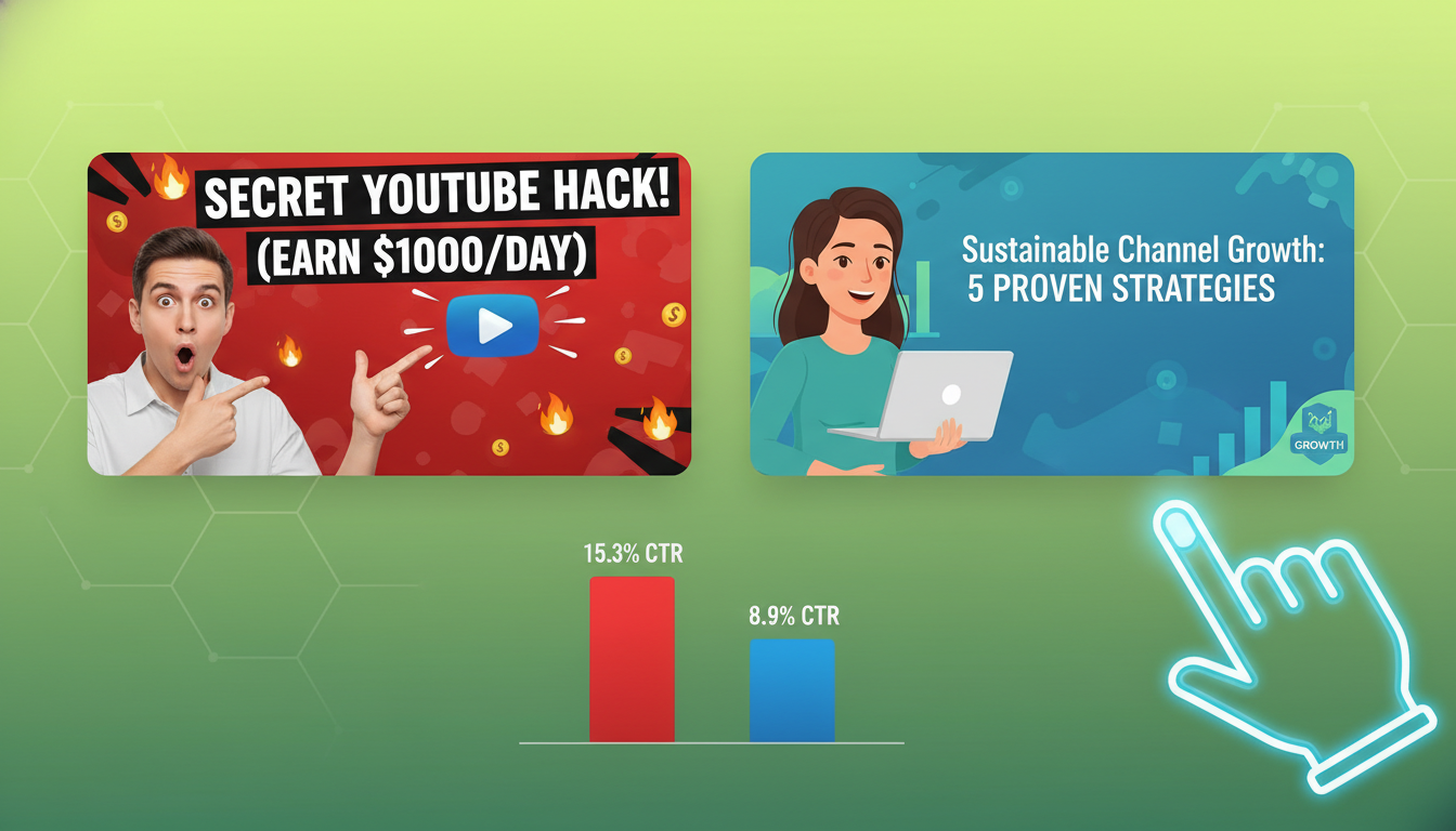 AI가 제안한 유튜브 썸네일과 제목으로 진행되는 A/B 테스트의 실제 예시, 클릭률(CTR) 데이터와 함께 시각화.